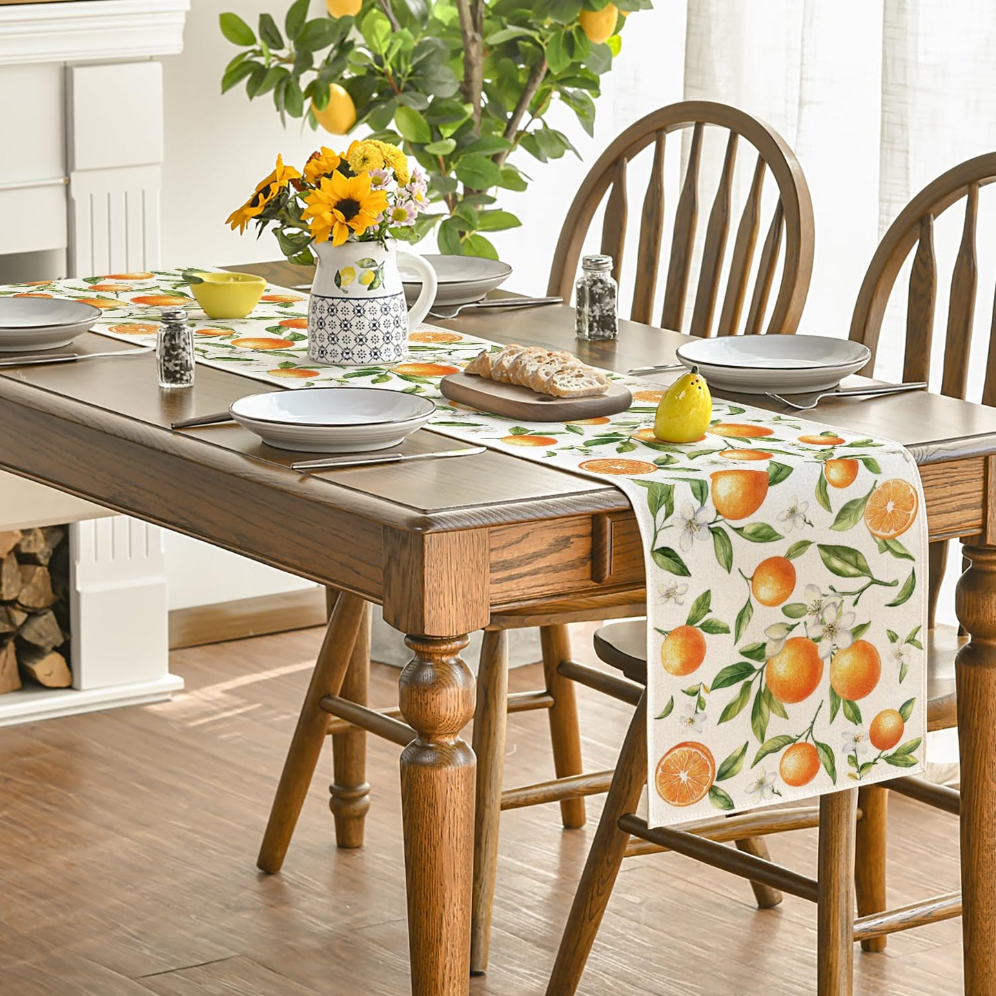 Artoid Mode Orange Wildflowers Leaves Summer Table Runner, Seasonal Spring Kitchen Dining Table Decoration for Home Party Decor 13x108 Inch
