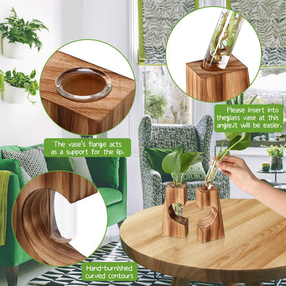 CYZglass Glass Plant Propagation Station for Hydroponics, Heart Shaped Wooden Base with Double Test Tube, Home and Office Desktop Decor Vase