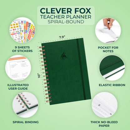Clever Fox Teacher Planner Spiral – School Year Planner with Calendars & Lesson Plans – Teacher Plan Book for Classroom & Homeschool Organization - Undated, 7.9x10″ (Dark Green)