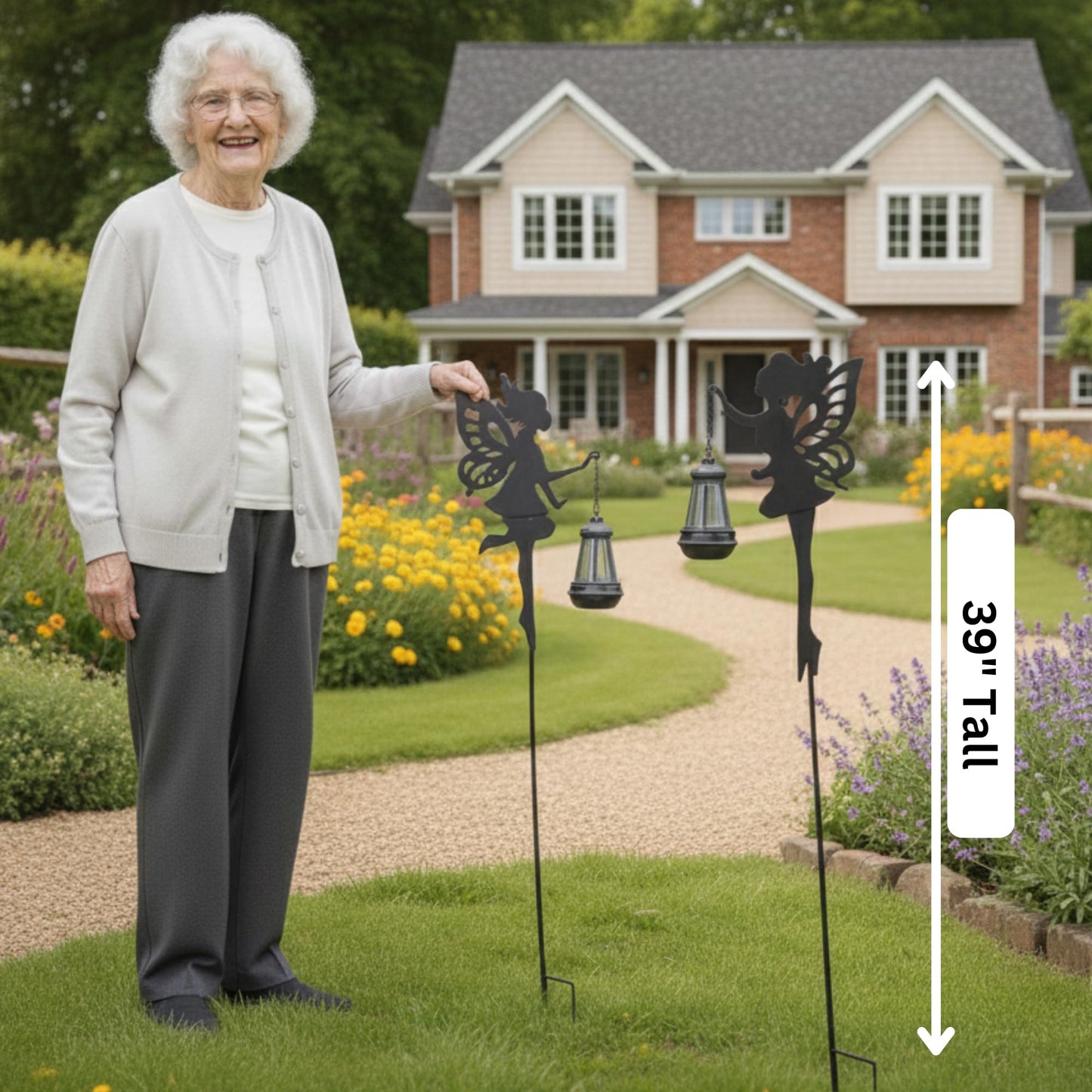 Solar Fairy Garden Accessories Outdoor 1 Pair - Metal Stakes Decorative Figurines Housewarming Ornament for Patio, Lawn, Yard, Pathway - Unique Gift Ideas for Mom Grandma (Warm Lighting)