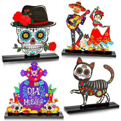 HOWAF 4PCS Day of The Dead Table Decorations,Wooden Mexican Dia De Los Muertos Altar Centerpiece with Sugar Skull Dancing Ghost Skeleton Couple Skeleton Cat Altar for Day of The Dead Alter Decor