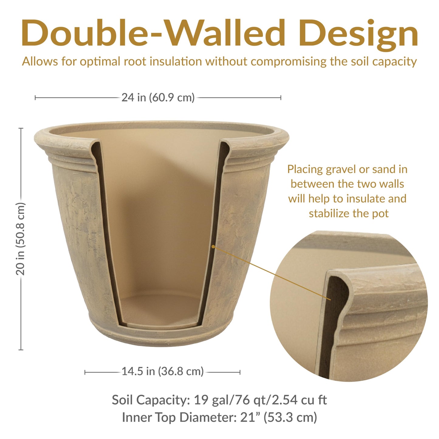 Sunnydaze 24-Inch Anjelica Large Plastic Pot for Plants - Outdoor Double-Walled Large Plastic Planter with Drillable Drainage Holes - Beige
