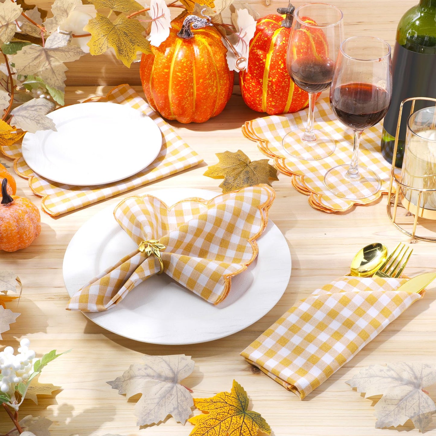 SmoothNovelty 12 Pack Buffalo Plaid Cloth Napkins 18x18 Inch Checkered Cloth Napkins Scalloped Soft Cotton Table Mat Washable Reusable for Dinner Wedding Holiday Birthday Parties (Classic,Yellow)