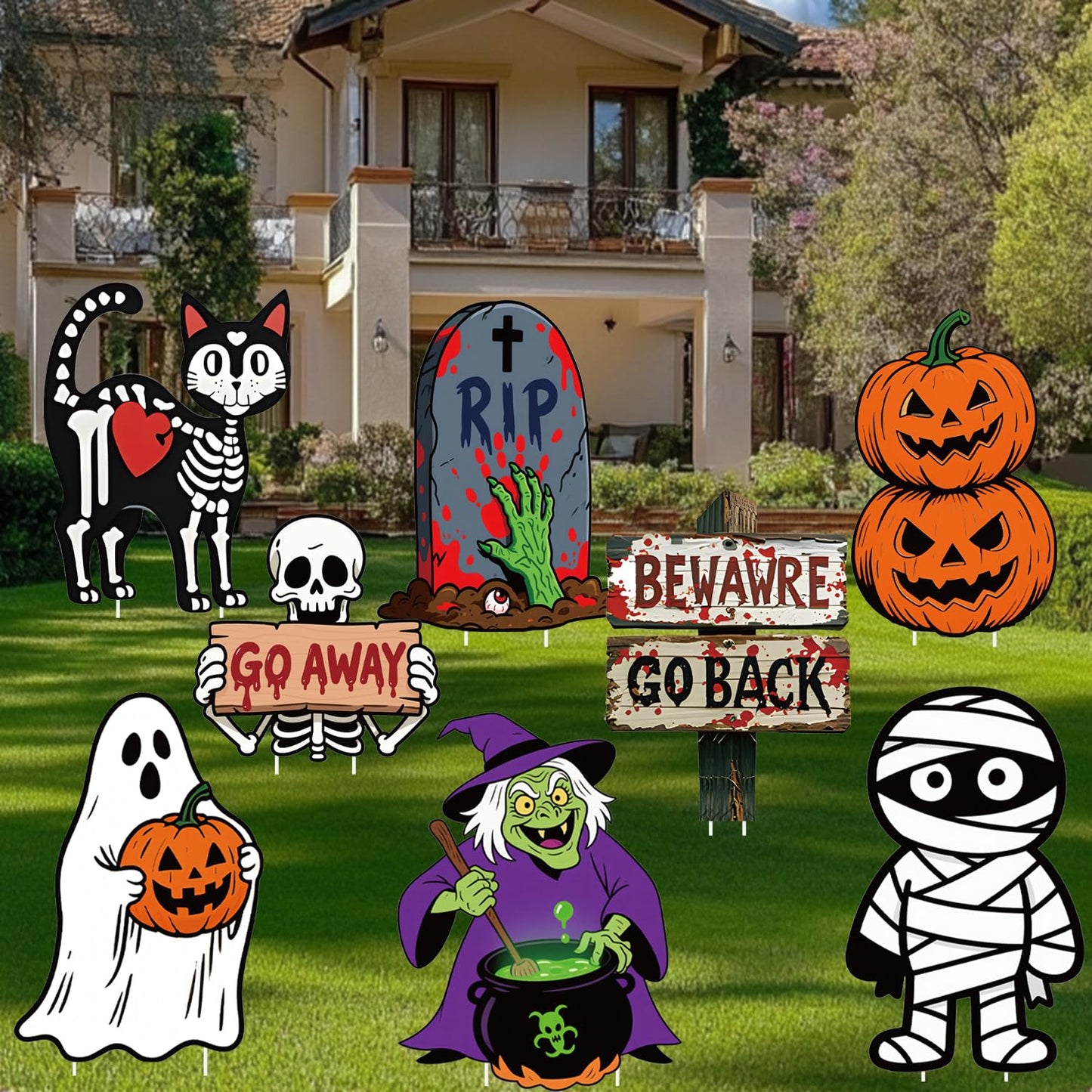Halloween Yard Signs, 8 Pieces Halloween Lawn Sign Garden Decorations Outdoor with Stakes Witch Pumpkin, Black Cat, Skull, Mummy, Monster, Tombstone, Skeleton Garden Signs for Scary Halloween Party