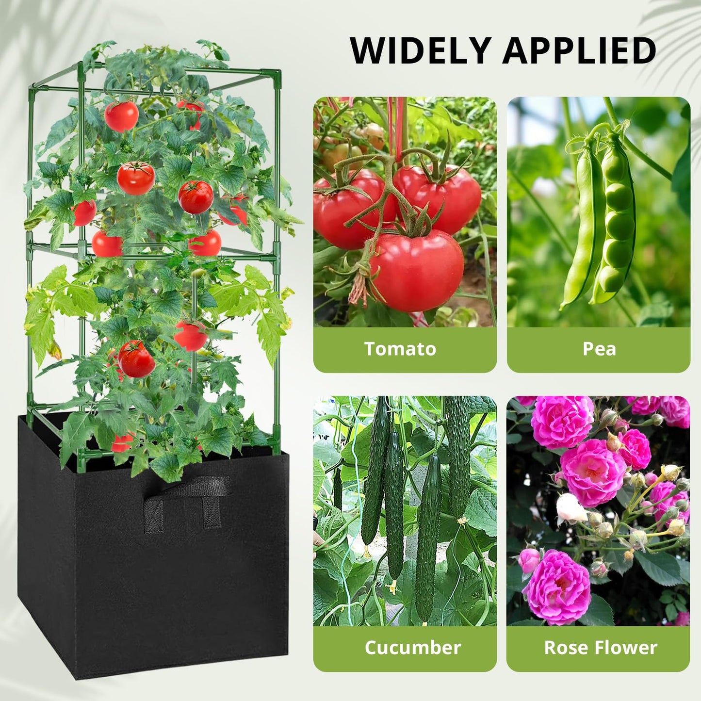 MQHUAYU 2 Pack Tomato Cages with 17 Gallon Grow Bags, 47” Heavy Duty Square Tomato Plant Stakes Support Cages Trellis for Garden Climbing Vegetables Flowers Fruits (47IN Tall, Extra-Bold)