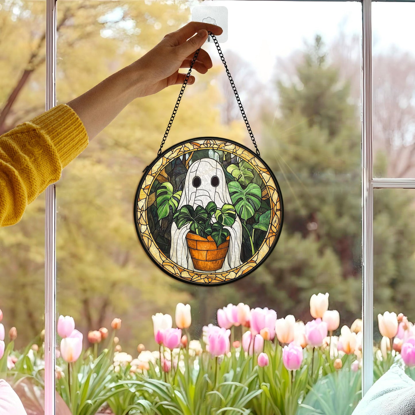 cvjutf Halloween Ghost Suncatcher Stained Glass Window Hanging Decor, Cute Ghost Stained Glass Wall Decor, Plant Lovers Gifts, Botanical Garden Sun Catchers Indoor Window Hanging Wall Art, 7.9x7.9In