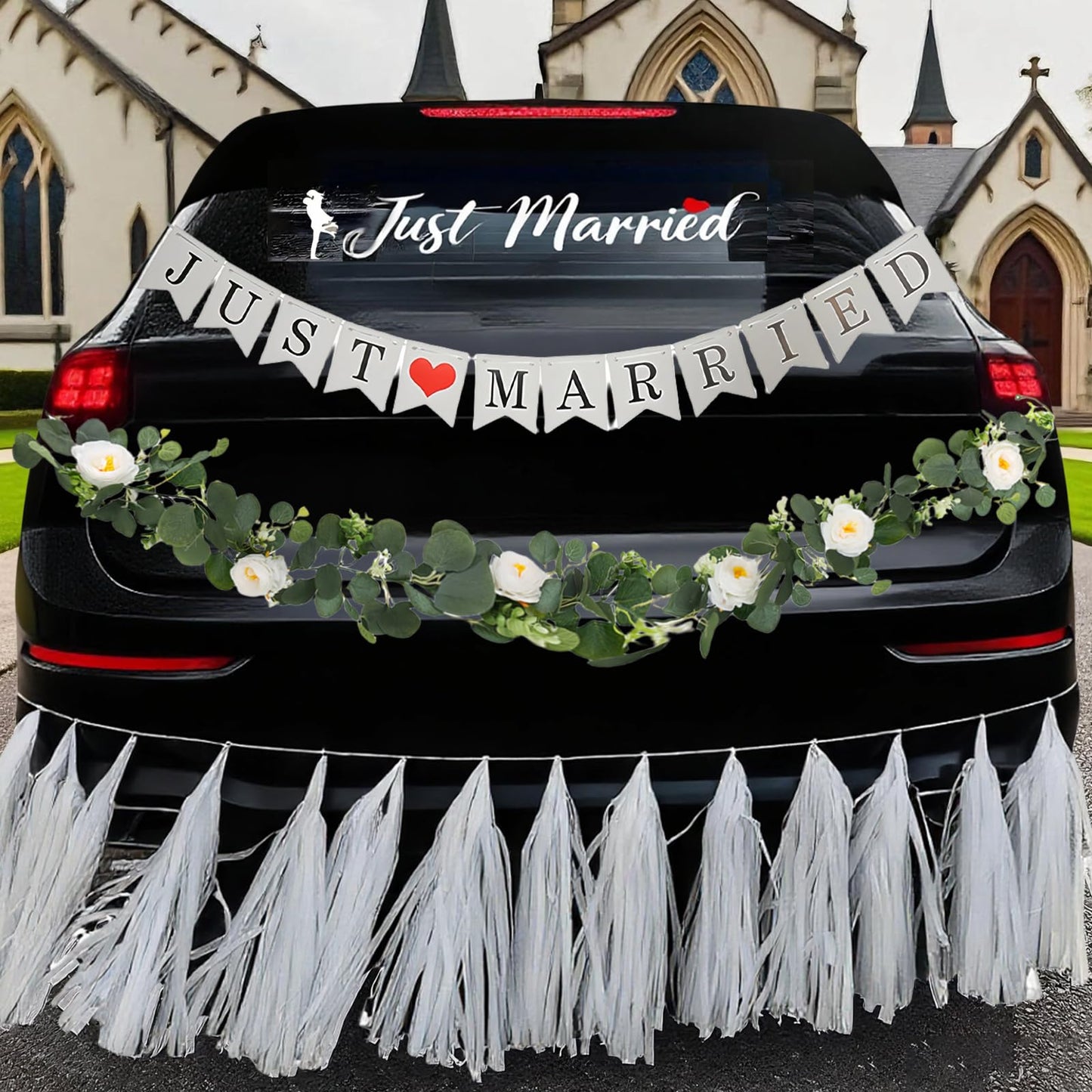4PCS Just Married Wedding Car Decorations Kit with Greenery Vine Removable Banner Paper Tassel Static Cling Window Sticker for Bride and Groom Honeymoon Getaway Send Off Vehicle Decor