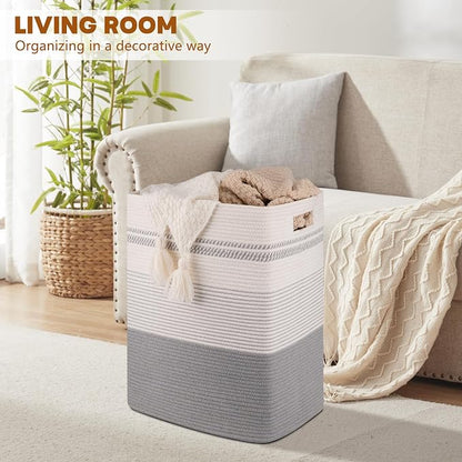 80L Large Cotton Rope Laundry Basket for Bedroom & Laundry Room, Tall Clothes Hamper with Sturdy Handles, Neutral Storage Bin Capable of Holding Blankets and Toys
