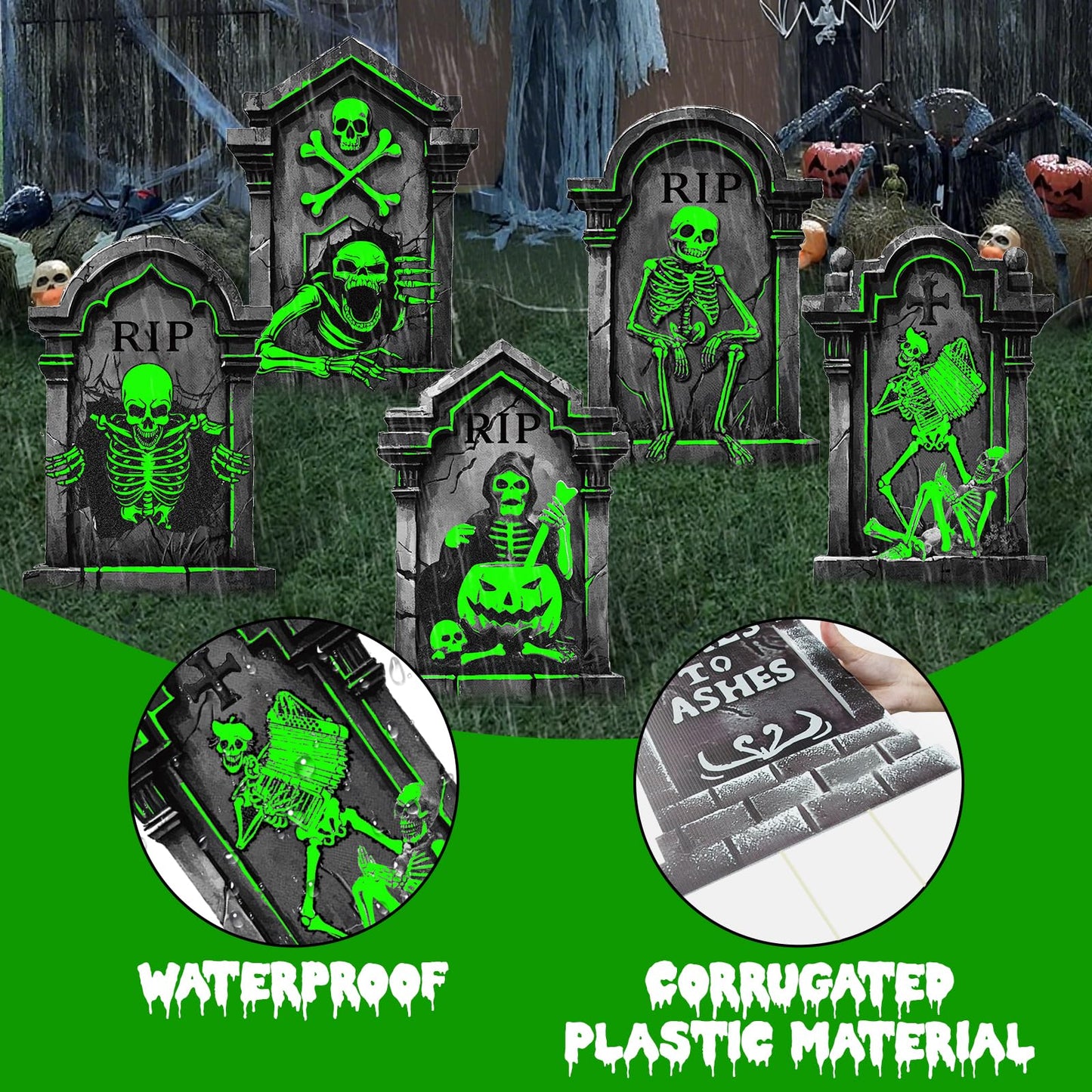 25.2in Halloween Tombstones Outdoor Decor Glow in The Dark - 5PCS Tombstones for Graves Halloween Gravestones Decorations, Spooky Halloweens Decorations Yard Signs for Graveyard Haunted House