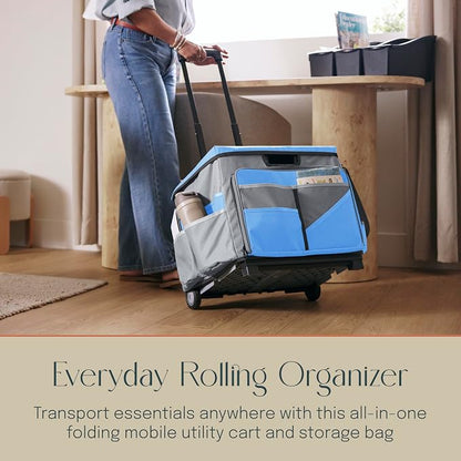 Mobile Folding Utility Cart with Canvas Storage Organizer Bag, Rolling Cart, Blue/Grey