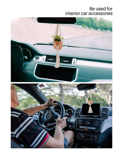 Macrame Plant Hangers, 3 Pcs Plant Hangers with Artificial Succulent Plants, Interior Car Accessories for Women, Rear View Mirror Accessories by MoHern