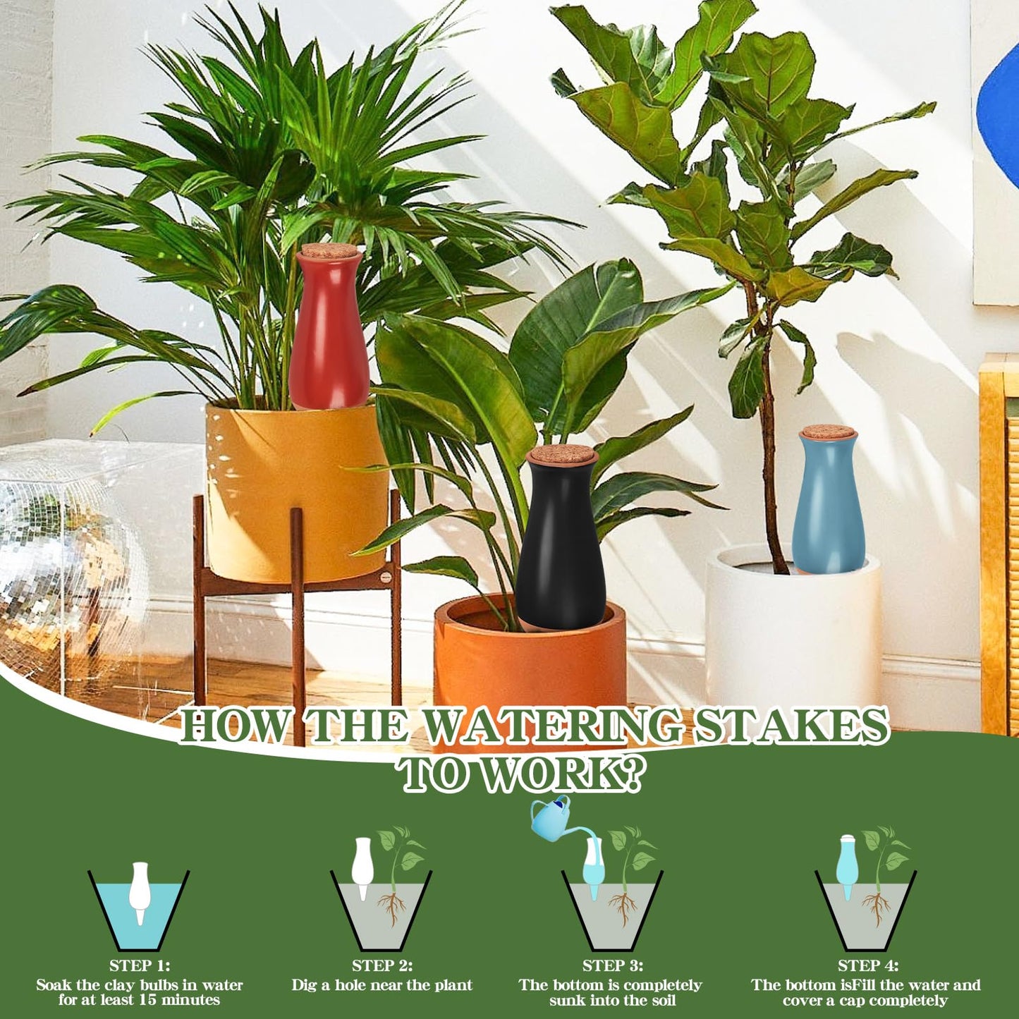 4 Packs Ollas Plant Watering Globes, 12 Oz Terracotta Self Watering Planter Insert, Automatic Watering Devices, Clay Drip Irrigation Stake for Indoor & Outdoor Plant, 1 Week Easy to Refill(Multicolor)