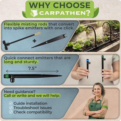 CARPATHEN 100FT Drip Irrigation System - Pressure Optimised Garden Watering System w 15pcs 360° Atomizing Nozzles, 16 Adjustable Drip Emitters 5/16 and 1/4 Tubing - Complete Watering Spray System