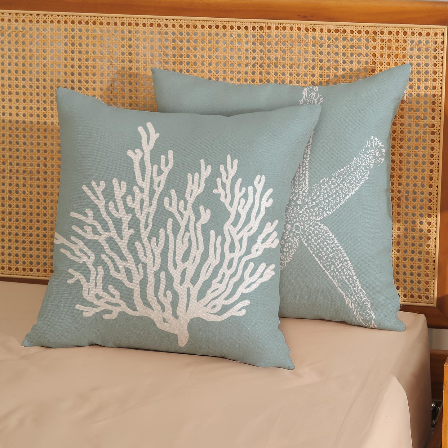 GOLIANDA Coastal Pillow Covers 18x18 Inch Set of 2 Blue Coral Starfish Throw Pillows Nautical Ocean Decorations Summer Linen Beach Pillowcase Outdoor Decor Farmhouse Cushion Case for Home Living Room