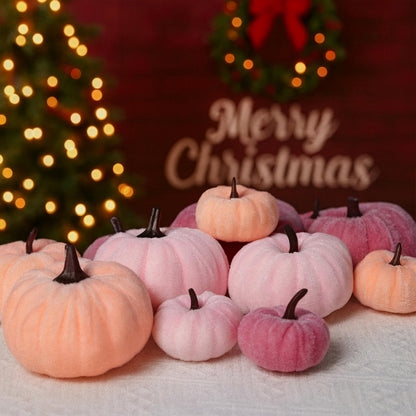 FAFVBING 12 Faux Flocked Pumpkins, Perfect for Fall Harvest, Halloween, or Thanksgiving Table Centerpieces(12, Rose red, Purple, and Pink)