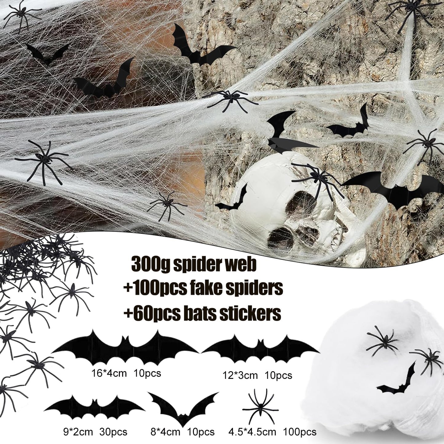 Halloween Decoration Outdoor, 1600sqft Spider Webs Halloween Party Decorations with 100Pcs Fake Spiders and 60Pcs Bats for Exterieur, Indoor Outdoor Party Supplies