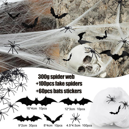 Halloween Decoration Outdoor, 1600sqft Spider Webs Halloween Party Decorations with 100Pcs Fake Spiders and 60Pcs Bats for Exterieur, Indoor Outdoor Party Supplies