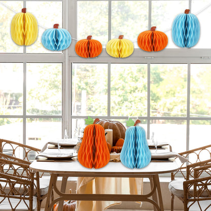 JarThenaAMCS 8Pcs Fall Pumpkin Honeycomb Centerpieces Beige Orange Blue Glitter Paper Honeycomb Ball Ornaments for Autumn Harvest Thanksgiving Party Home Table Decor