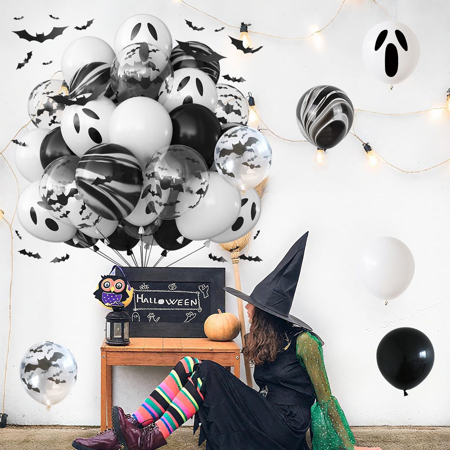 Froova Halloween Balloons Black and White Balloons with 3D Bat Stickers Bat Print Balloon and Black Marble White Ghost Balloon for Happy Halloween Skull Skeleton Spooky Birthday Horror Party Decor