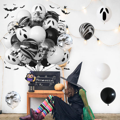 Froova Halloween Balloons Black and White Balloons with 3D Bat Stickers Bat Print Balloon and Black Marble White Ghost Balloon for Happy Halloween Skull Skeleton Spooky Birthday Horror Party Decor