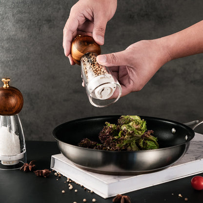 Wood Salt and Pepper Grinders Refillable Set of 2 - Refillable Acrylic Salt Shaker or Pepper Shaker Two 5 oz Salt - Pepper Mill or Salt Mill - Spice Grinder - Easy Clean Ceramic Grinders