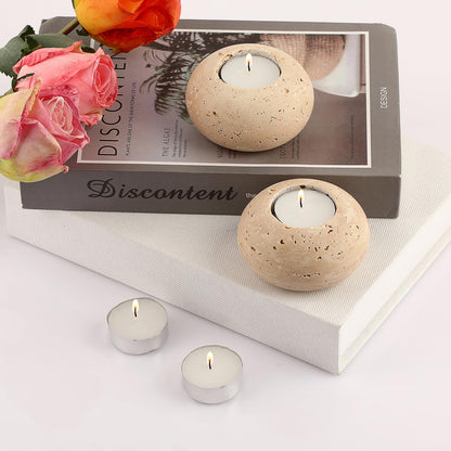 OwnMy 2PCS Travertine Candle Holders Decorative Stone Tealight Candle Holders Set, Elegant Travertine Votive Candle Stands for Dining Table Centerpieces Wedding Home Decors, 4" Dia x 2.2" H