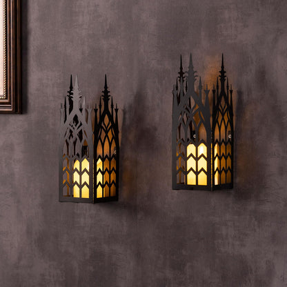 AIM & GGKK Wall Candle Sconce Holder,Set of 2 Gothic Cathedral Wall Sconce with Window Design,Black Metal Wall Mount Candle Holder for Living Room, Dining Room,Rustic Farmhouse Decorations