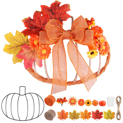Fall Pumpkin Metal Wreath Frame, Pumpkin Shaped Wire Wreath Frame with Maple Leaves Fake Flowers Mini Pumpkin Berries, DIY 3D Pumpkin Frame for Indoor Outdoor Garden Home Kitchen Craft Decor