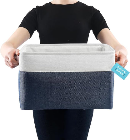 OrganiHaus 16x12.5in Canvas Storage Baskets 3 Pack | EXTRA LARGE Fabric Bins for Shelves | Linen Closet Organizer | Navy Blue/Off-White