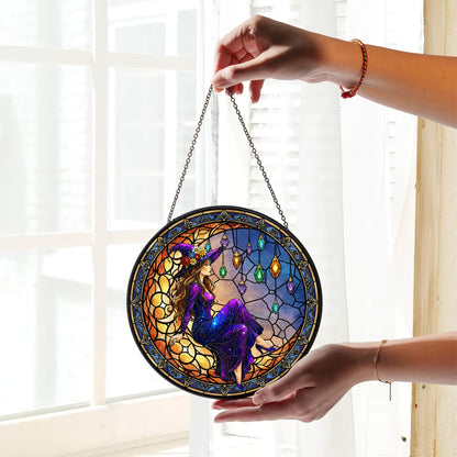 FIVITY 7.8" Moonlight Witch Suncatcher Stained Glass Window Hanging Mystical Witchy Sun Catchers Halloween Ornaments Wall Art Door Garden Room Home Decor Birthday for Teens Women
