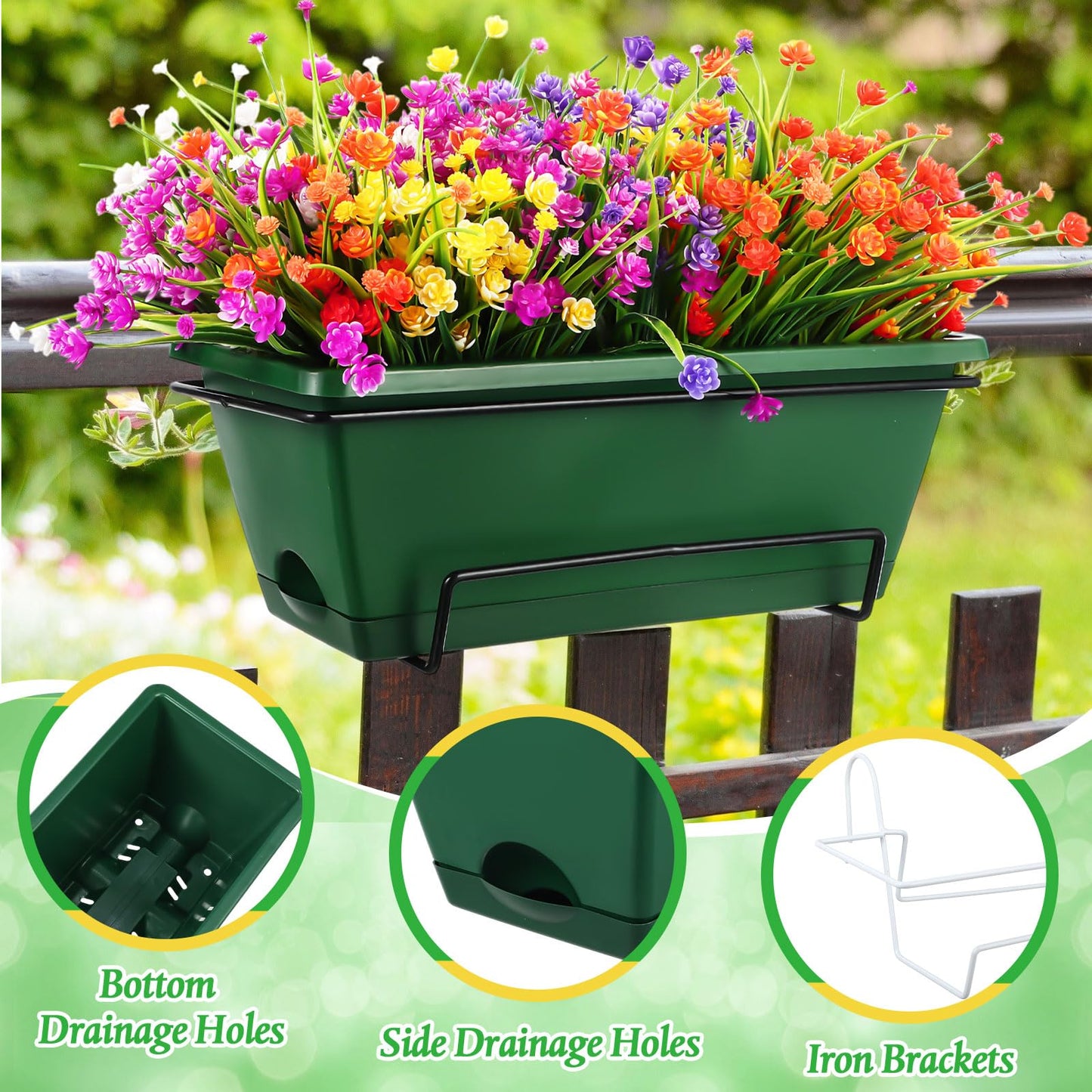 Funnymoom 8 Pack Plastic Hanging Flower Pots for Railing Fence Outdoor Planter 17 Inch Hanging Planter with Iron Brackets with Drainage Holes and Trays for Window Balconies Garden(Dark Green)