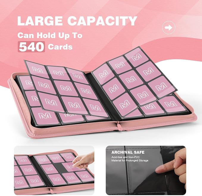 Trading Card Binder with 9 Side Loading Pocket Card Album Hold Up to 540 Cards PU Card Collection Binder, Collectible Albums Card Folder for MTG, TCG, Sports Cards（9-Pink）
