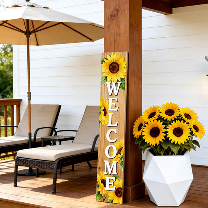 Summer Welcome wooden porch sign Vertical hanging decorations Welcome sign front door standing Decorative sign 47x7.8Inch Sunflower pattern for Outside Yard Decor
