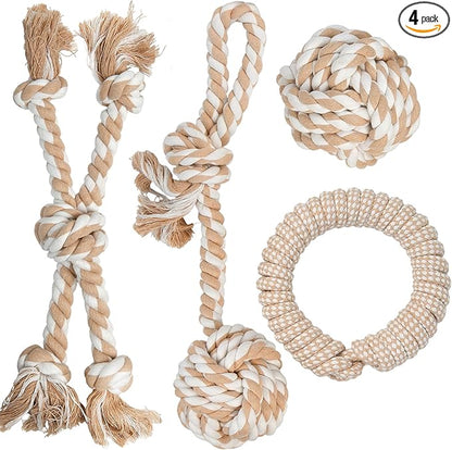PetiFine Chew Toys for Dogs 4 Pack, Dog Rope Toy for Aggressive Chewers, Interactive Rope Ball Natural Cotton, Dog Tug of War Toy for Teeth Cleaning