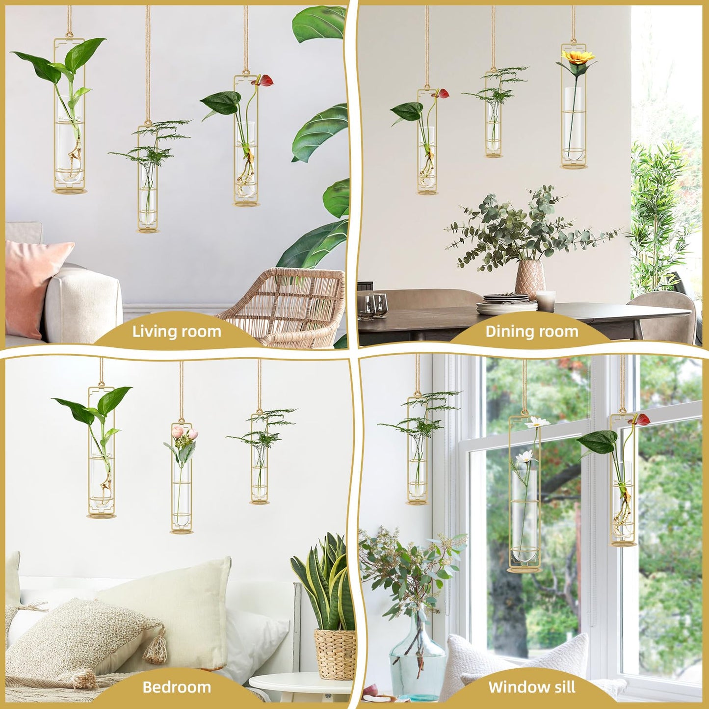 MIPON Metal Hanging Plant Propagation Station,3 Size Glass Test Tube Hydroponic Planter,Boho Wall Hanging Plant Cuttings Holder,Indoor Water Plant Terrarium Tubes for Home Office Window Decor-Gold