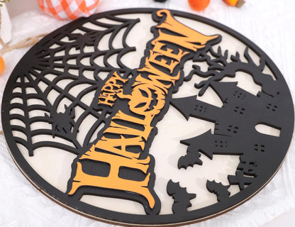 Happy Halloween Wooden Hanging Sign - Halloween Party Decorations, Halloween Ghost Door Sign, Halloween Garland, Wooden Wreath Indoor Wall Hanging Decorations (Happy Halloween Wreath)