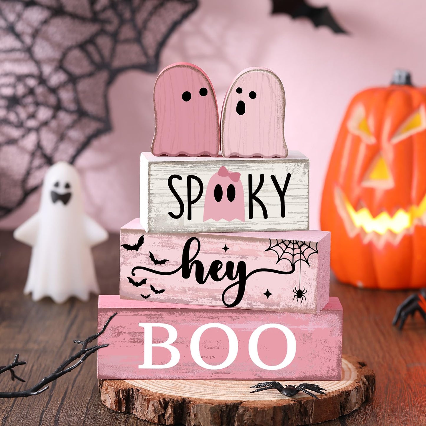 Lineshading 4 Pcs Pink Halloween Decor Ghost Table Decorations Halloween Tiered Tray Decor Farmhouse Ghost Tabletop Centerpiece Rustic Pink Block Sign Gift for Home Kitchen Shelf Office Mantel