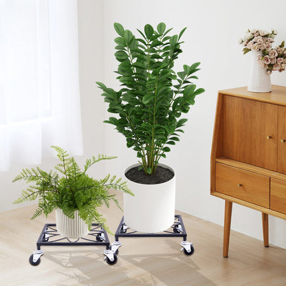 OFILLES 2pcs Black Metal Plant Stand with Wheels, Square Pattern Plant Caddy, Heavy Duty Plant Pot Stand for Indoor Outdoor