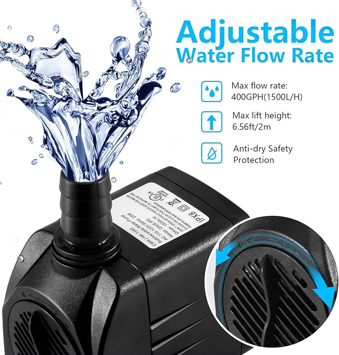 CWKJ Fountain Pump, 400GPH Submersible , Durable 25W Outdoor Water Pump with 6.5ft Power Cord, 3 Nozzles for Aquarium, Pond, Fish Tank, Water Pump Hydroponics, Backyard Fountain