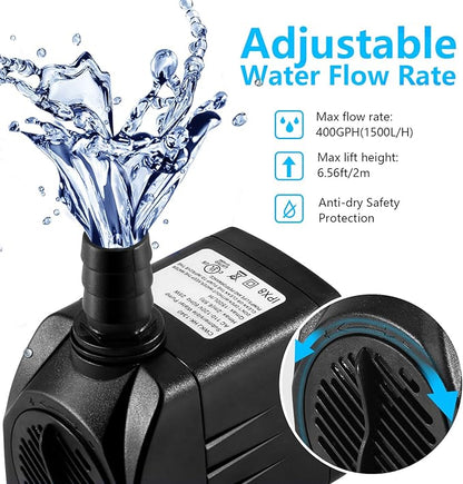 CWKJ Fountain Pump, 400GPH Submersible , Durable 25W Outdoor Water Pump with 6.5ft Power Cord, 3 Nozzles for Aquarium, Pond, Fish Tank, Water Pump Hydroponics, Backyard Fountain
