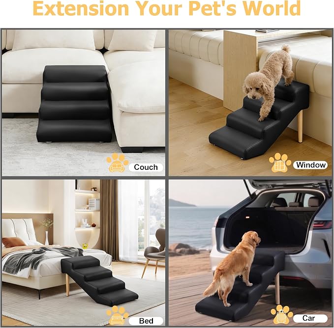 4-Step 18" H Dog Stairs for Bed Couch, Waterproof & Scratch PU Leather Pet Steps for Small Senior Dogs and Cats, Dog Ramp with 220 lbs Maximum, Oak Leg & Solid Wood, Non-Slip Feet, Black