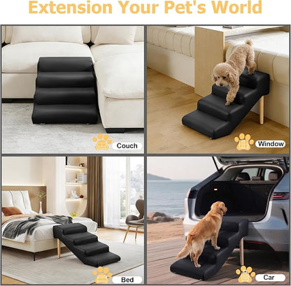 4-Step 18" H Dog Stairs for Bed Couch, Waterproof & Scratch PU Leather Pet Steps for Small Senior Dogs and Cats, Dog Ramp with 220 lbs Maximum, Oak Leg & Solid Wood, Non-Slip Feet, Black