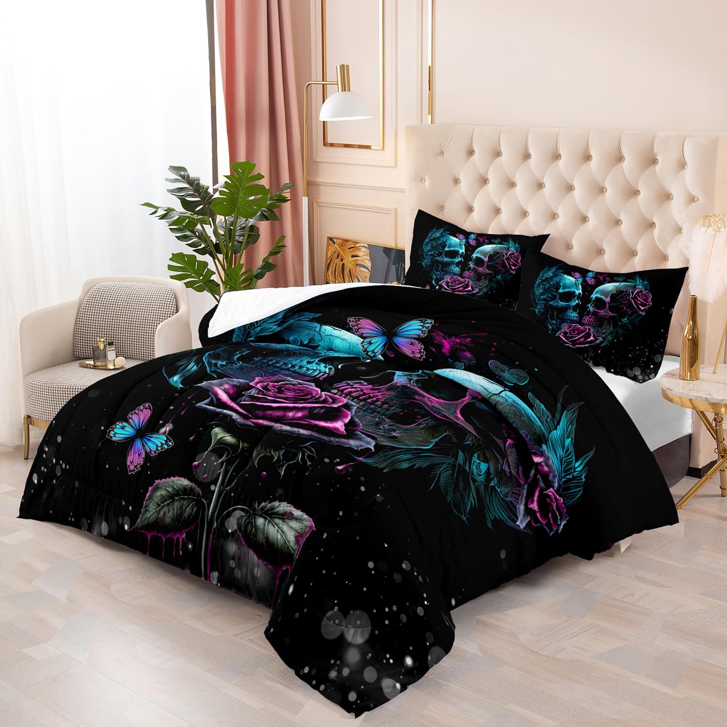 Tuzaovy Skull Bedding Set Queen Size,Goth Bedding Sets Queen with Comforter,Skull Comforter Set,Rose Comforter Halloween Skull Bed Comforter,Black Bedding Skull Quilt