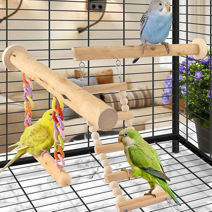 DBNESS Bird Perches Ladder with Swing, Natural Wood Parrot Climbing Bridge Perch Toys, Exercise Play Stand Parakeet Cage Accessories for Budgie Cockatiel Green-Cheeked Conure Caique