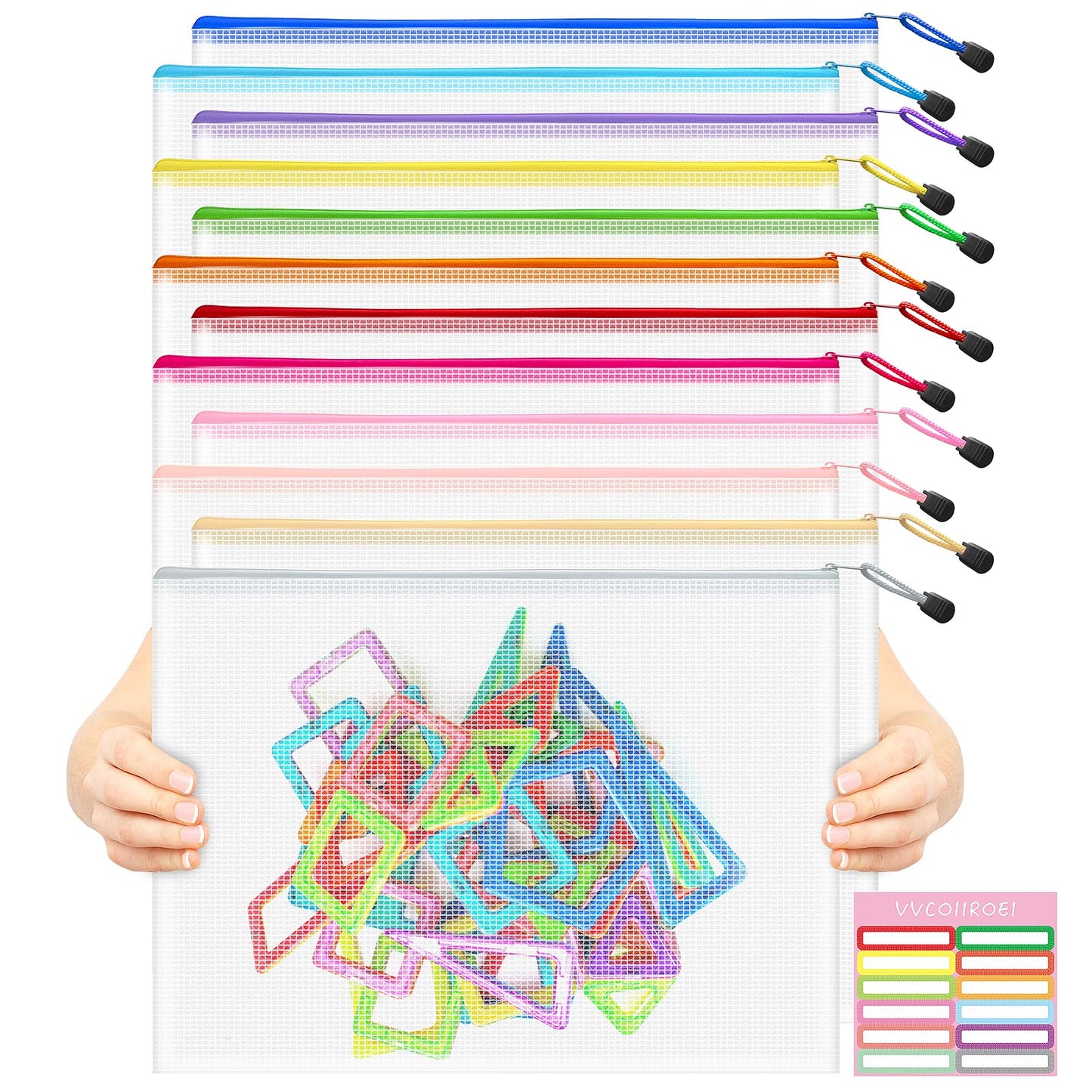 VVCOIIROEI 12pcs Mesh Zipper Pouch Bags, A3 12x17 Inches, 12 Colors Zipper Pouches for Organizing, Board Game Storage, Travel, School Office