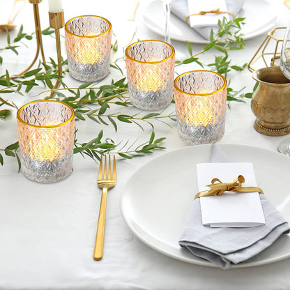 Set of 24 Glass Votive Candle Holders Clear Tealight Candle Holder with Gold Rim Embossed Tealight Holder Tea Light Candle Holders for Table Centerpiece, Wedding, Birthday, Holiday Decoration