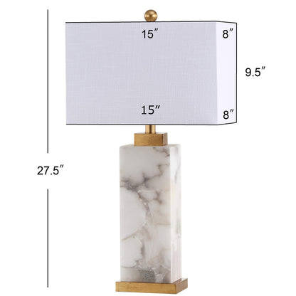 JONATHAN Y 27.5" White/Gold Modern Alabaster Rectangular Table Lamp with Night Light Contemporary Coastal Bedside Lamp for Bedroom with White Linen Shade LED Bulbs Included JYL6201A