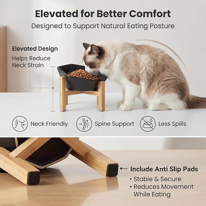 Raised Cat Bowl - Ceramic Tilted Elevated Food Bowl for Indoor Cats & Small Dogs - Shallow Wide Whisker-Friendly Design - Pet Dish Suitable for Feeding Dry, Wet, Treats & Canned Food - Black