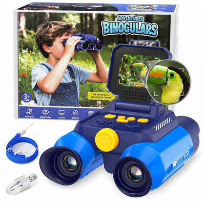 OAEBLLE Kids Binoculars with Night Vision Camera, 10X Zoom Digital Adventures Telescope with 2.4" IPS Screen, Nature Explorer STEM Toys for Bird Watching Camping, Gifts for Boys Girls Age 4-12 - Blue