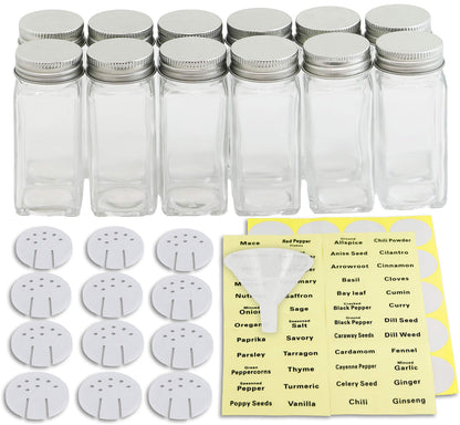 Simple Houseware Spice Jars 4 Ounce Square Glass Bottles with Shaker Lids, Funnel and Labels for Seasoning & Storage, 12 Pack
